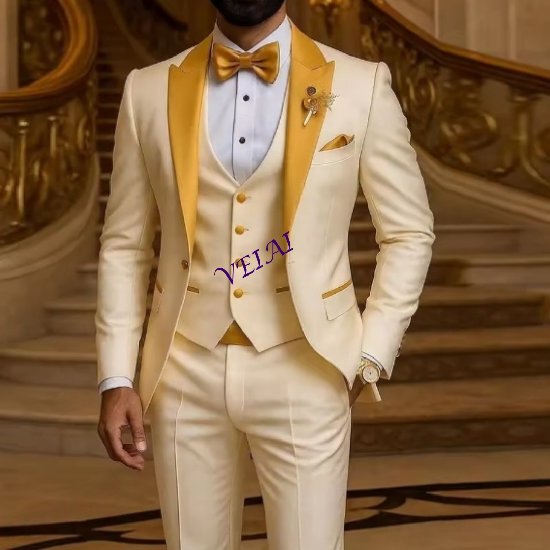 Men'S Formal Wear For A Wedding - CustomizedGold Collar Ivory Men Suit Wedding